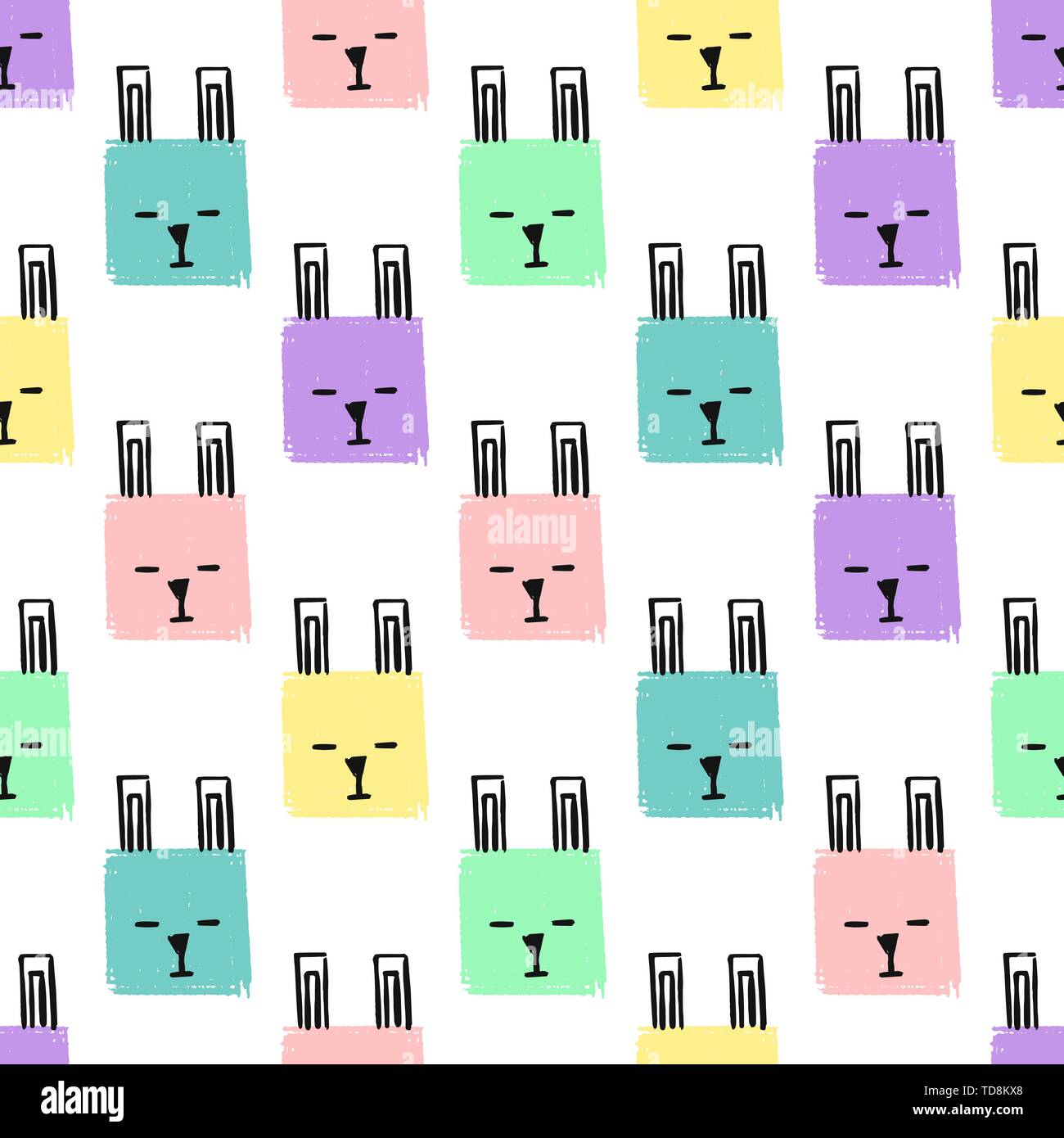 Kawaii Quadrate Kaninchen nahtlose Muster. Vektor Hand zeichnen Hintergrund mit den Gesichtern von Kaninchen. Endlose Hintergrund Bleistift Textur der Plätze in Pastell Stock Vektor
