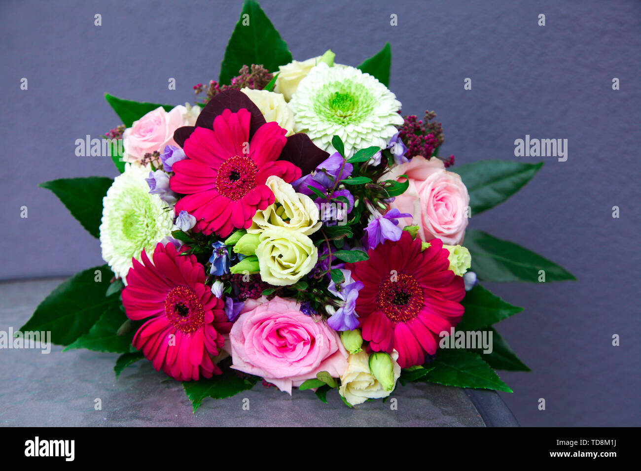Schönen Blumenstrauß mit Rosen und Gerbera, astras, Daisy. Stockfoto
