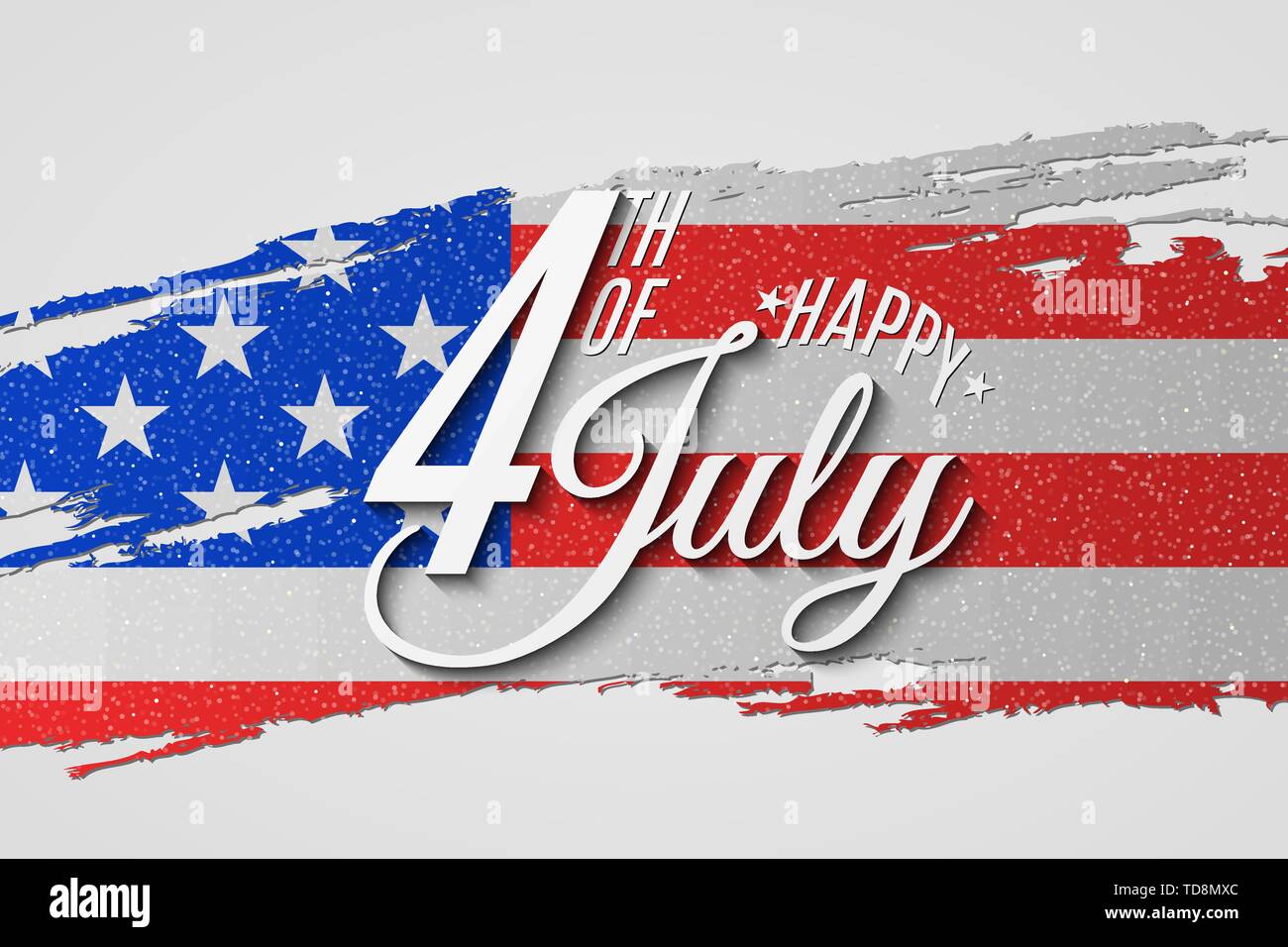 Happy Independence Day. Grußkarte für Juli 4. Grunge Brush. Text Banner auf USA-Flagge im Hintergrund. Die Vereinigten Staaten von Amerika. Vector Illustration Stock Vektor