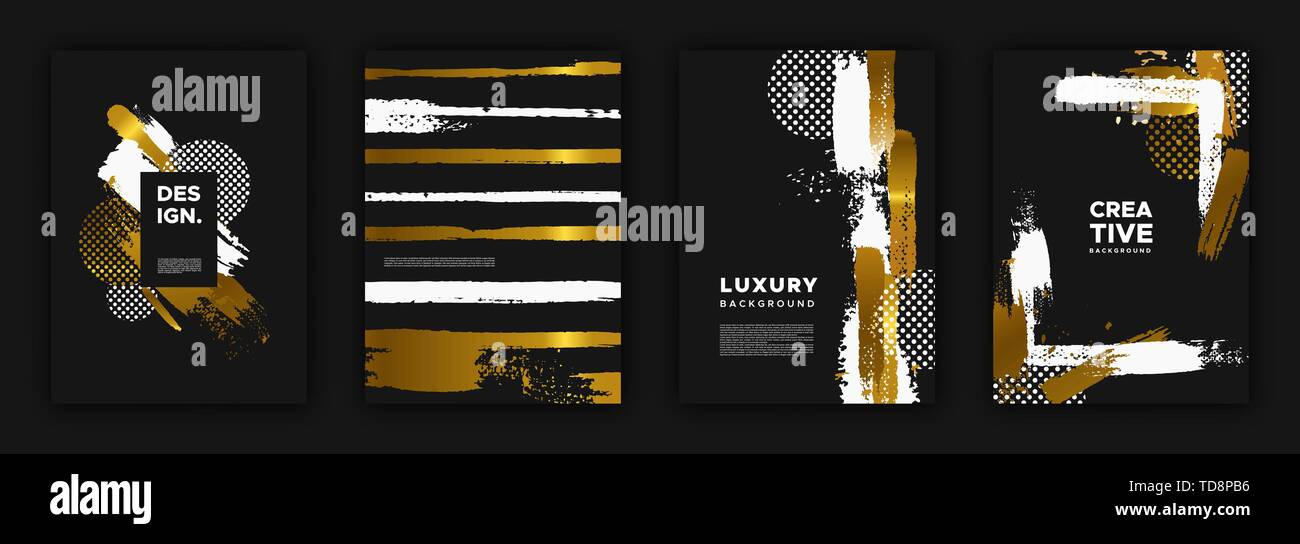 Abstrakte Luxus design Hintergrund gesetzt. Gold und Schwarz mit goldenen Pinselstrich Textur für Premium Konzept. Stock Vektor