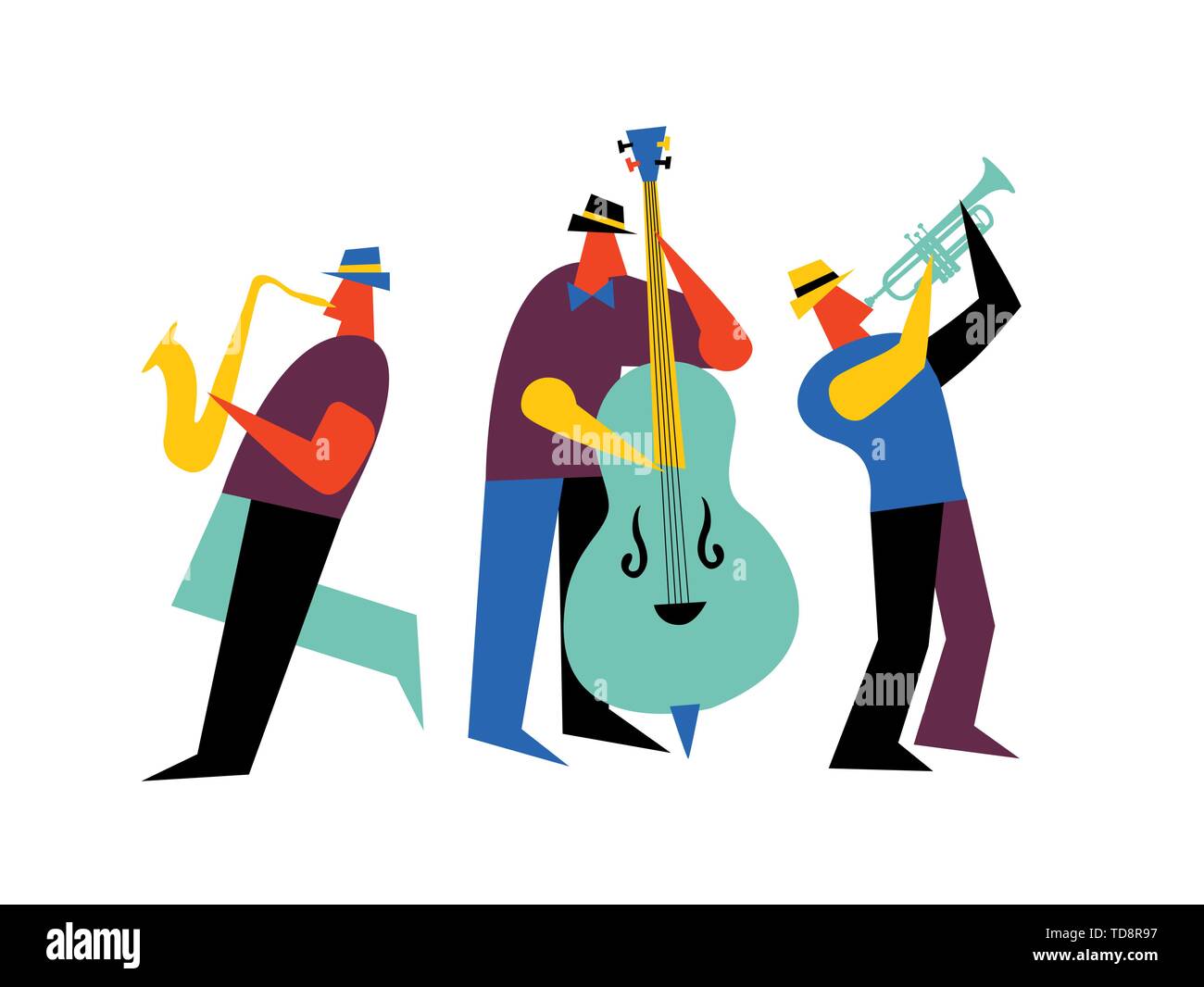 Jazz Band auf isolierten weißen Hintergrund. Männliche Musik-Player mit Saxofon, Kontrabass und Trompete. Stock Vektor