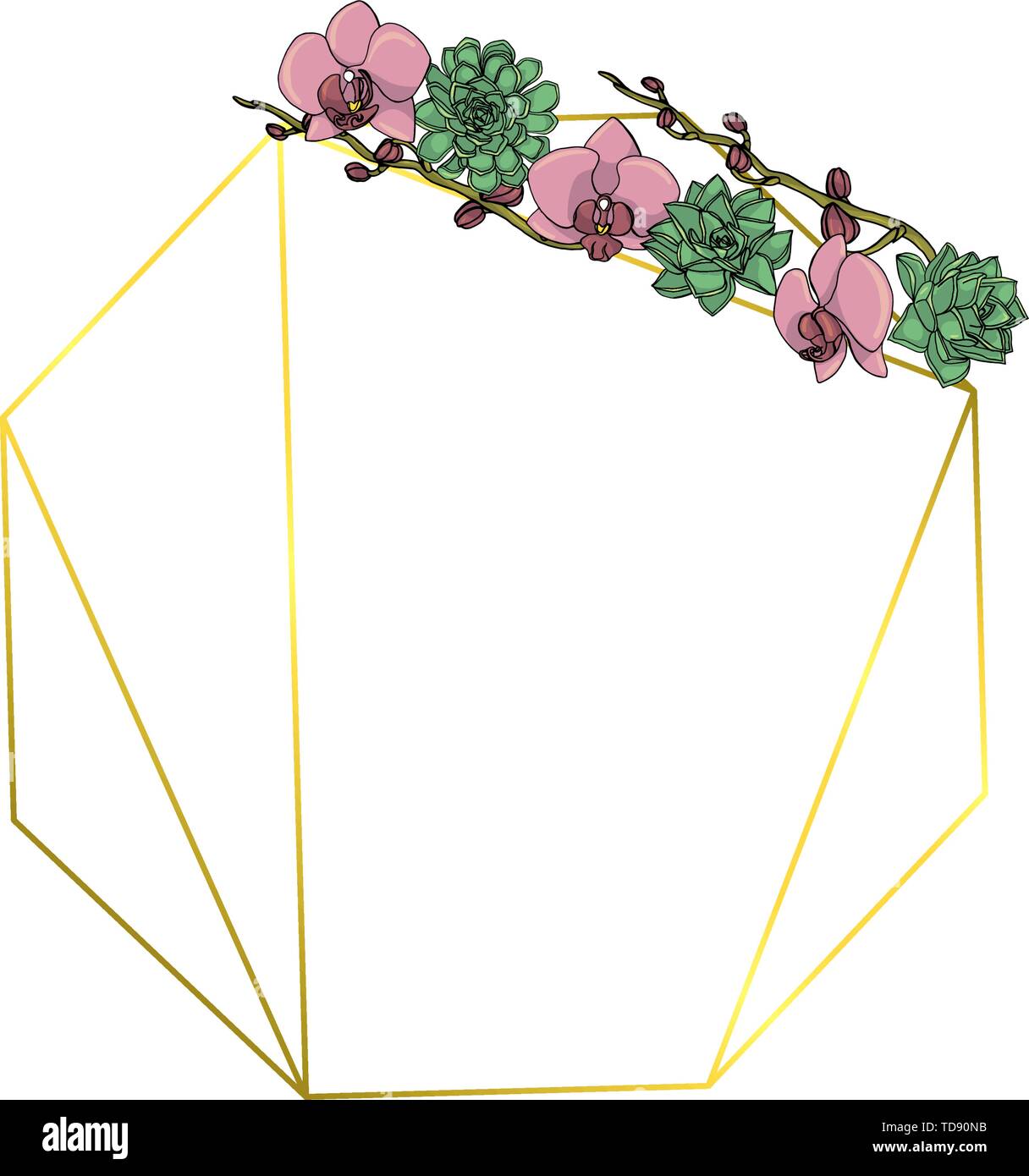 Hand gezeichnet Doodle style saftig und orchid flower Wreath mit polygonalen Girlande, Vintage geometrischen Rahmen, florales Design Element. auf weißem isoliert b Stock Vektor