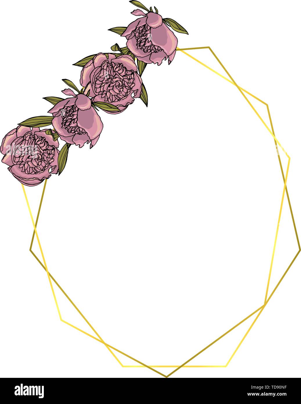 Hand doodle Style violett Pfingstrose Kranz mit polygonalen Girlande gezeichnet, Vintage geometrischen Rahmen, florales Design Element. isoliert auf weißem backgroun Stock Vektor