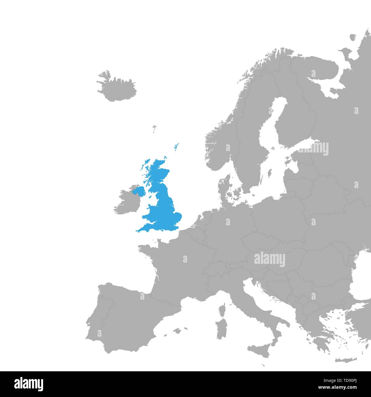 Die Karte von Großbritannien ist in Blau auf der Karte Europas hervorgehoben. Vektor Stock Vektor