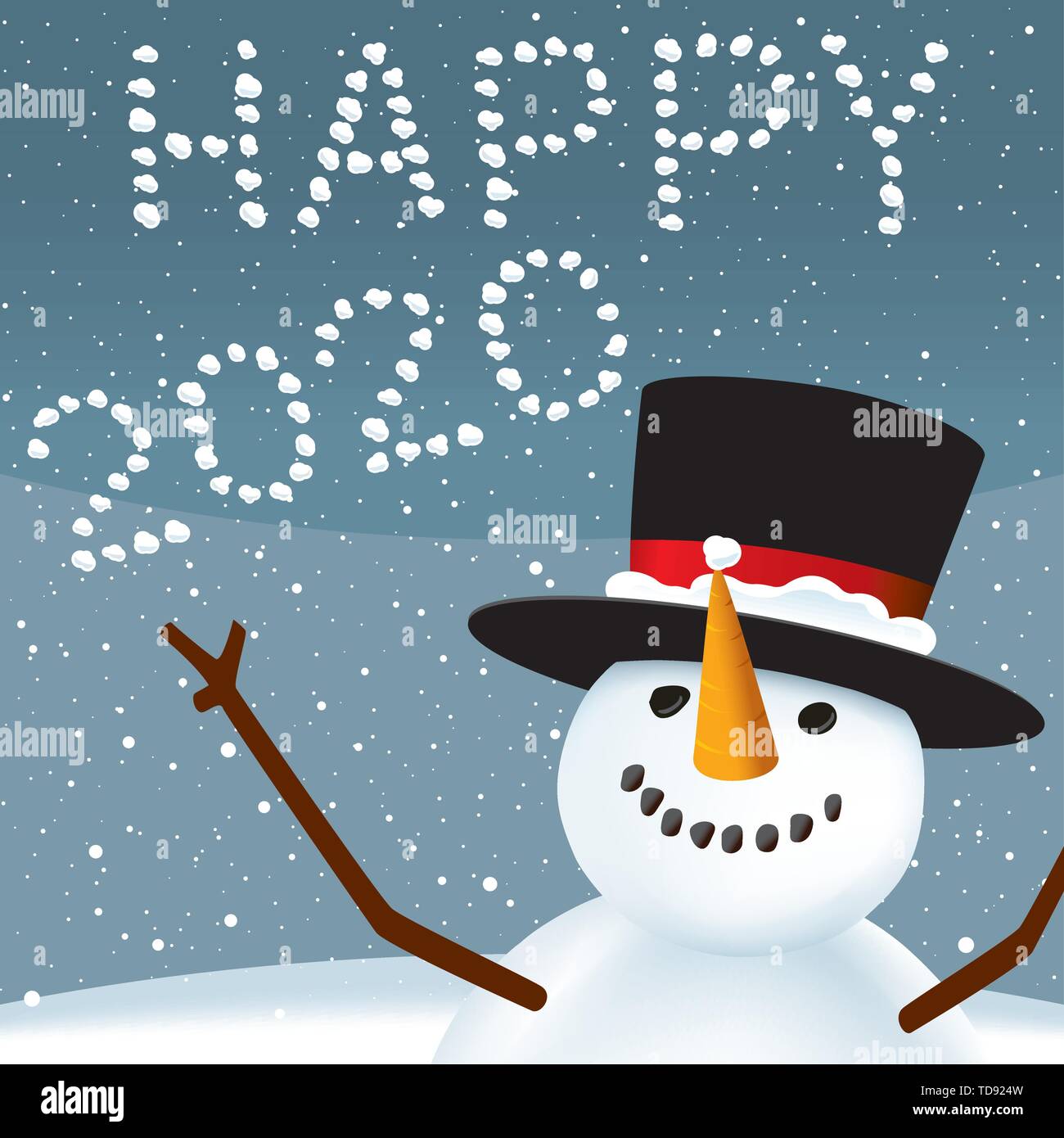 Vector Illustration. Happy Schneemann Weihnachten feiern, mit schneeball Text. Stock Vektor