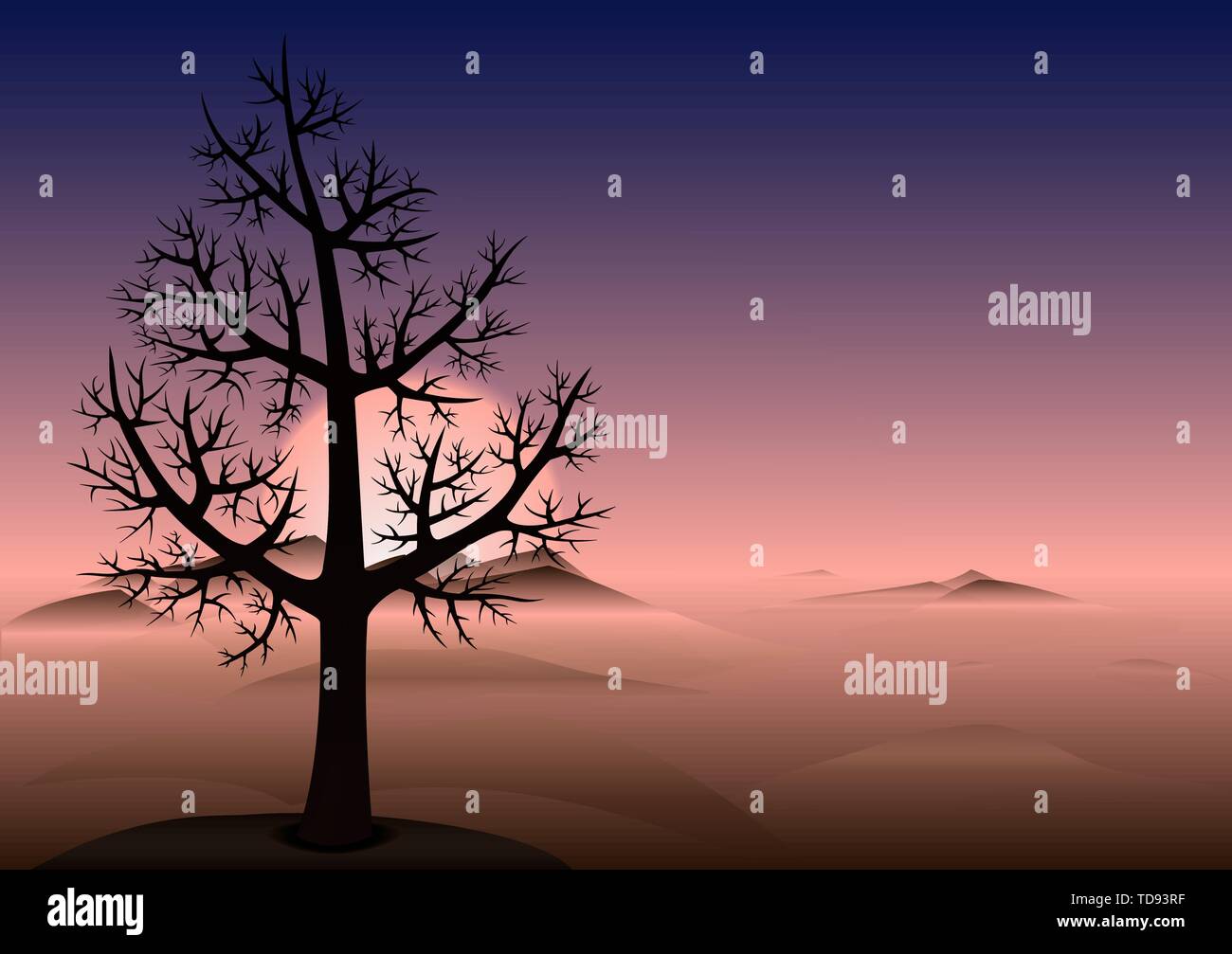Einsamer Baum ohne Blätter auf dem Hügel. Sonnenuntergang. Köpfe der Berge durch den Nebel. Vector Hintergrund mit kopieren. Stock Vektor