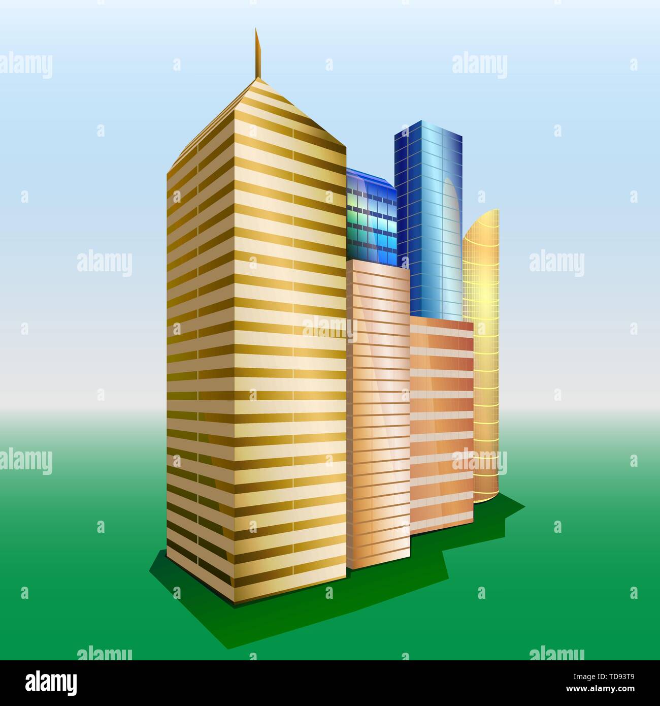 Gruppe von Objekten. Golden, Gelb und Blau hohe Wolkenkratzer. Grüne Gras mit blauen Himmel im Hintergrund. Stock Vektor
