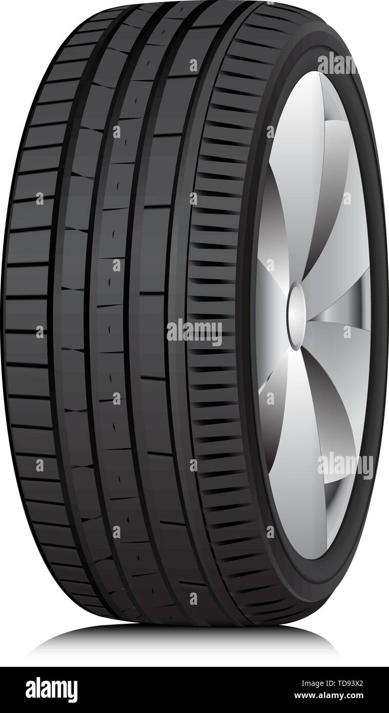 Schwarz matt schlauchlosen Reifen mit niedrigem Profil auf der glänzenden silbernen Antrieb, auf weißem Hintergrund. Stock Vektor