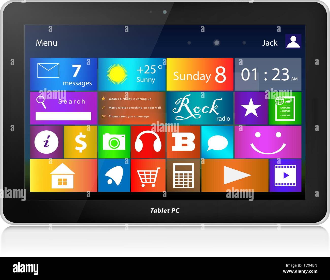 Schwarz Tablet Notebook mit U-Schnittstelle. Horizontale Ausrichtung des Bildschirms. Vector Illustration, auf weißem Hintergrund. Stock Vektor