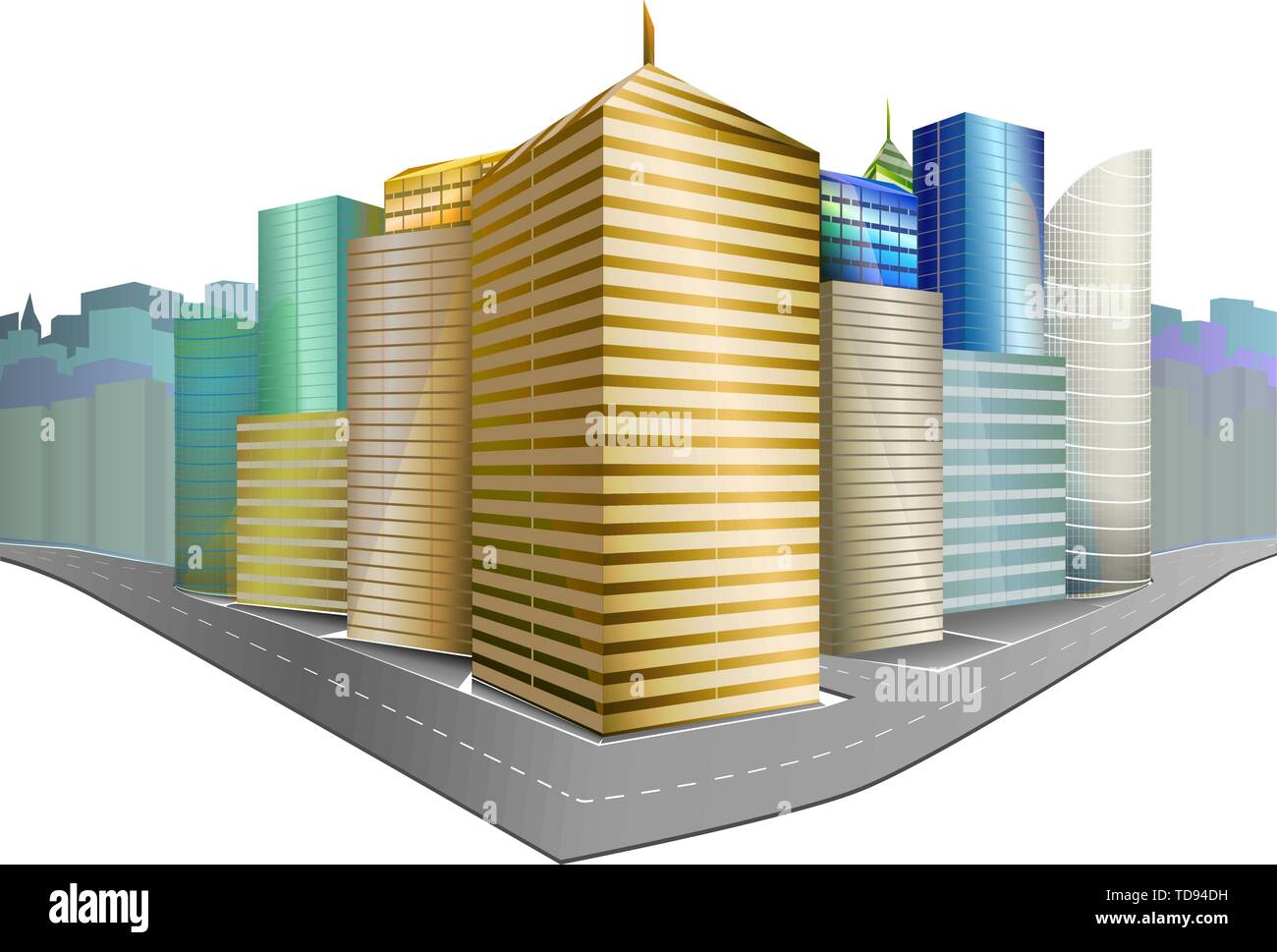 Vector Abbildung: Stadtteil: hohe Wolkenkratzer, Straße, blauer Himmel. Perspektive betrachten. Auf weissem Hintergrund. Stock Vektor