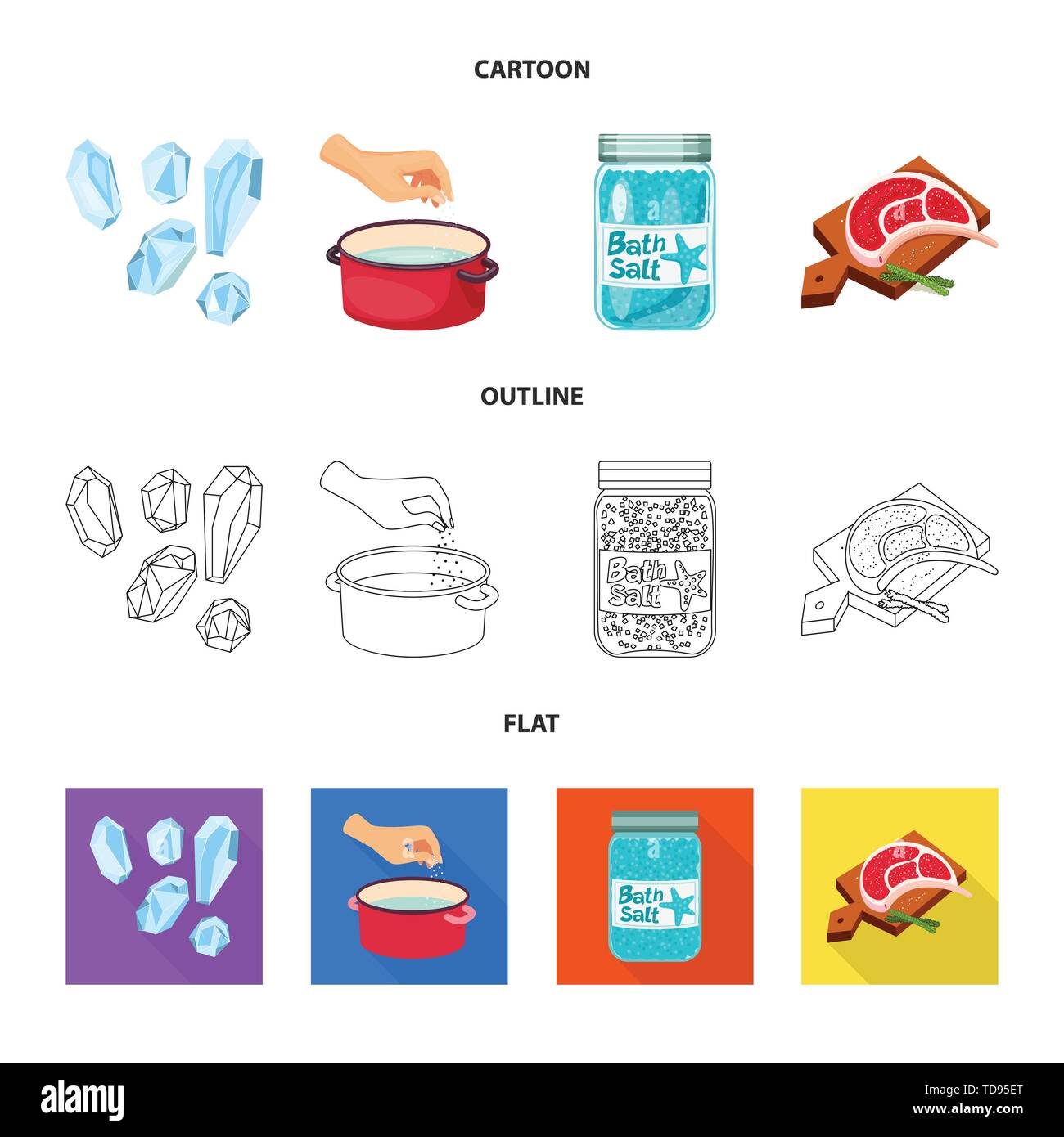 Granulat, Auflauf, Flasche, Fleisch, Salz, Wasser, Brett-, Würfel, Badewanne, Körner, arm, Spa, Restaurant, Gewürze, Vintage, Streuen, Pulver, weiß, Mehl, sauber, Container, Picknick, kochen, Meer, Natur, Backen, Salz, Nahrungsmittel-, Natrium-, Mineral, Raw, Küche, Set, Vector, Icon, Illustration, isoliert, Sammlung, Design, Element, Grafik, Zeichen, Vektor, Vektoren, Stock Vektor