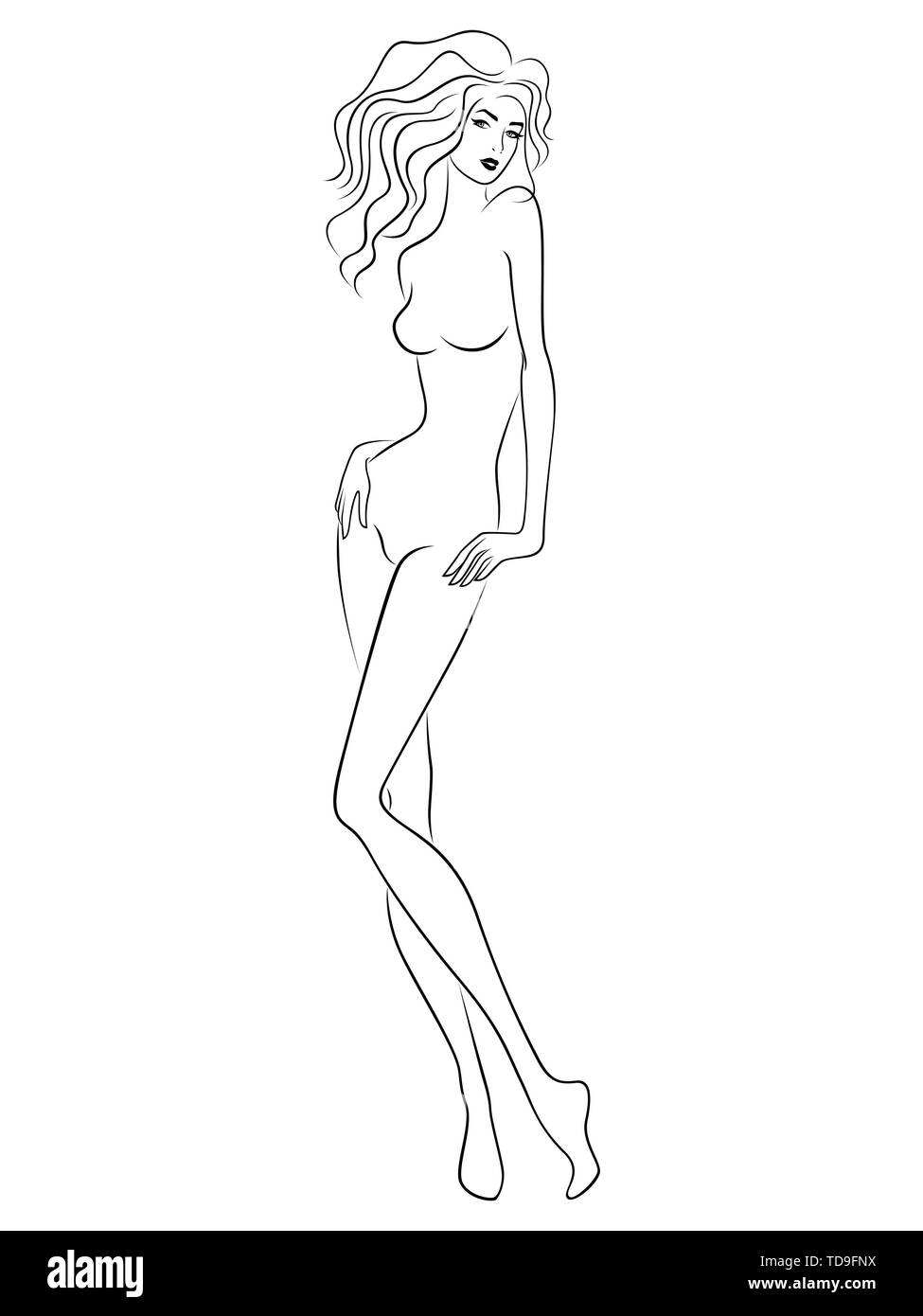 Ð¡schädigen Frau mit schlanken Figur auf dem weißen Hintergrund isoliert, hand Zeichnung Vektor Kontur Stock Vektor