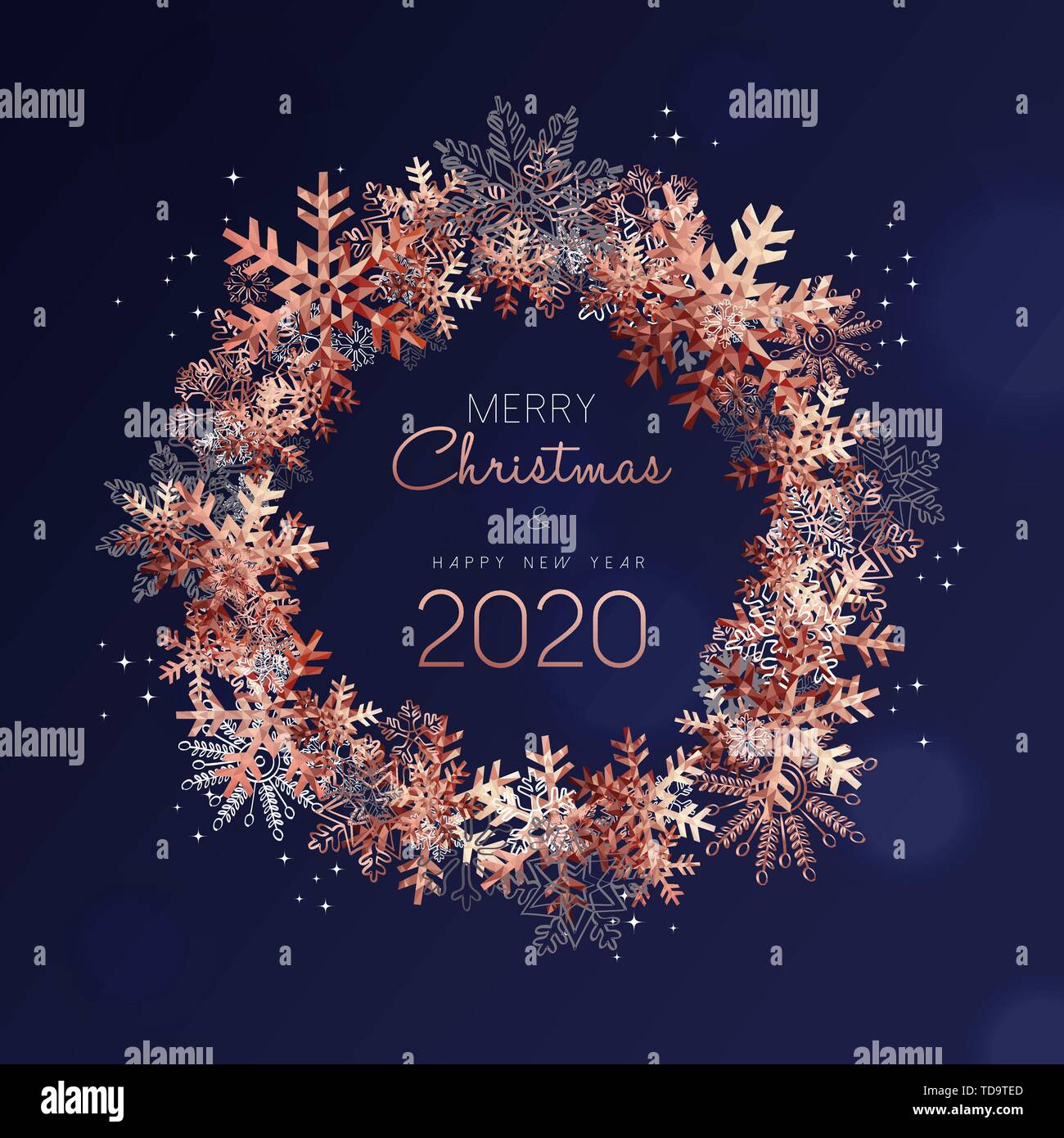 Frohe Weihnachten und ein glückliches Neues Jahr 2020 Grußkarten-Design mit Kupfer Schneeflocken im Winter Saison. Stock Vektor