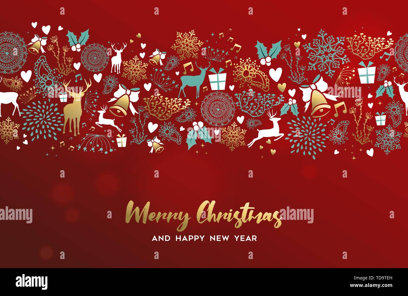 Frohe Weihnachten und guten Rutsch ins Neue Jahr Grußkarte mit Gold ornament Dekoration Muster auf rotem Hintergrund. Weihnachten Saison Illustration für Holiday event. Stock Vektor Frohe Weihnachten und guten Rutsch ins Neue Jahr Grußkarte mit Gold ornament Dekoration Muster auf rotem Hintergrund. Weihnachten Saison Illustration für Holiday event. Stock Vektor