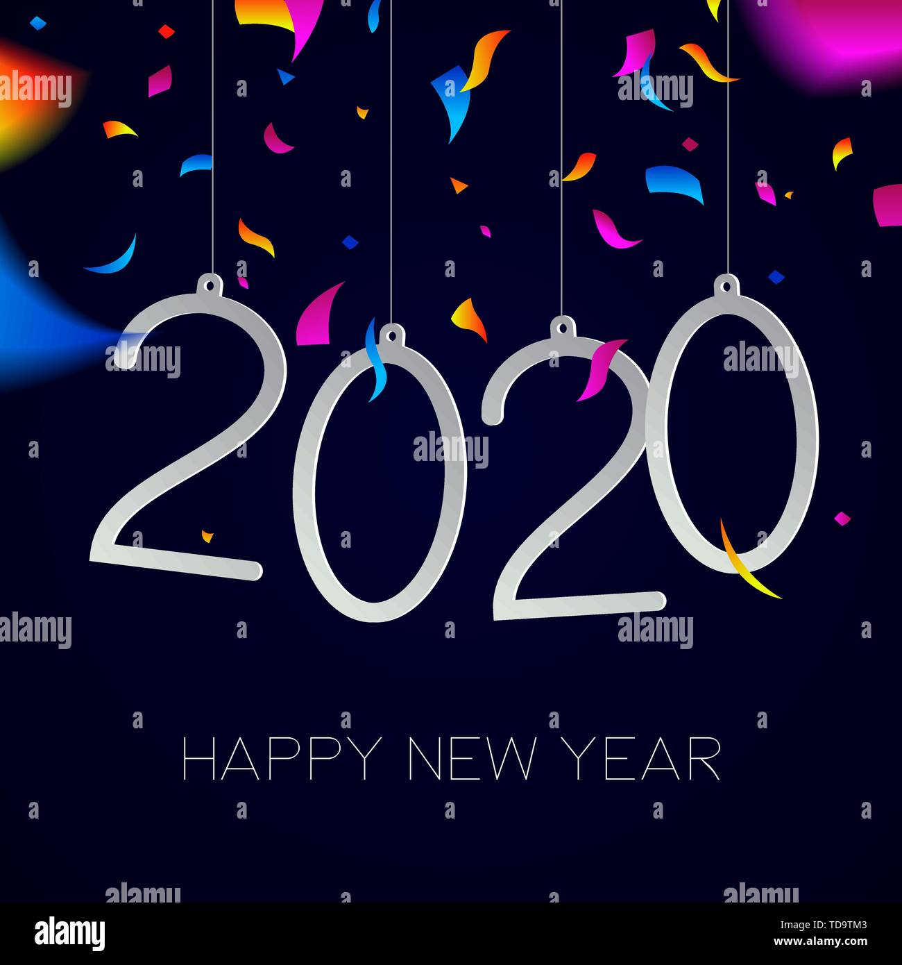 Frohes Neues Jahr 2020 Grußkarte Abbildung mit Urlaub Angebot und Party Konfetti Explosion. Stock Vektor