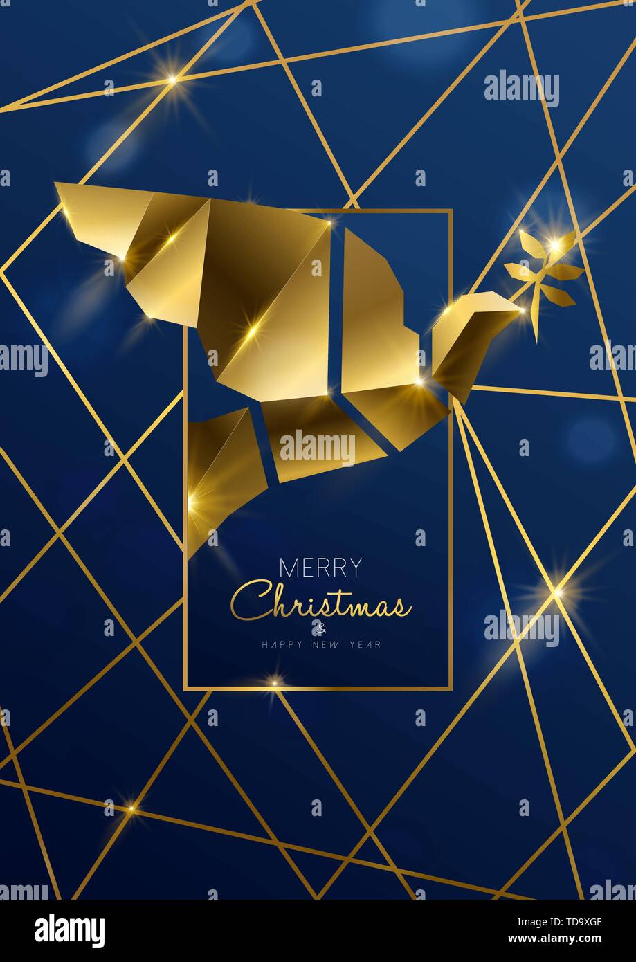 Frohe Weihnachten und guten Rutsch ins Neue Jahr Grußkarte Abbildung: 3D-bronze Urlaub Taube im Art-déco-Hintergrund. Stock Vektor