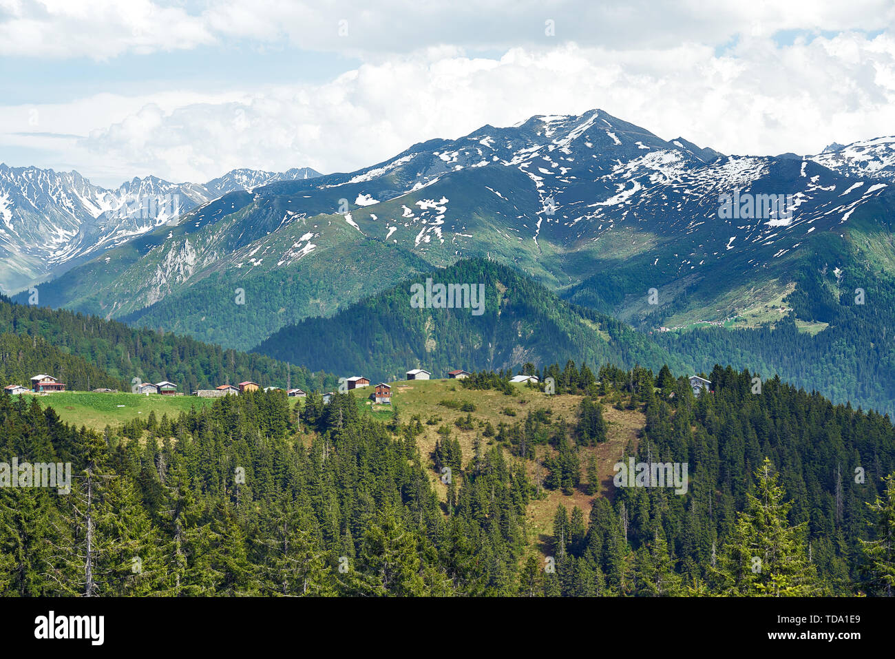 Traditionelle hölzerne Hochebene Häuser von Pokut Plateau, nordöstliche Karadeniz Region der Türkei. Stockfoto