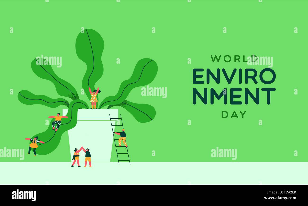 Tag der Umwelt Abbildung: glückliche Menschen spielen mit grünen Pant. Das soziale Bewusstsein Konzept für Naturschutz Ereignis. Stock Vektor