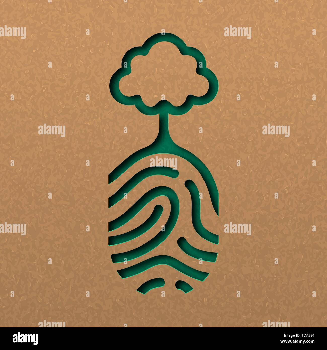 Papercut menschlichen Fingerabdruck mit Baum. Grüne Fingerabdruck ausschnitt Konzept in Recyclingpapier für die Natur. Stock Vektor