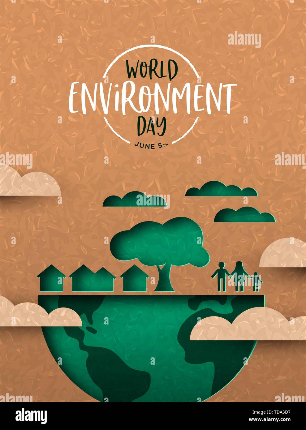 Tag der Umwelt Abbildung: papercut Karte mit der eco der Stadt und die Menschen. Recyclingpapier Ausschnitt für Planet Erhaltung. Stock Vektor