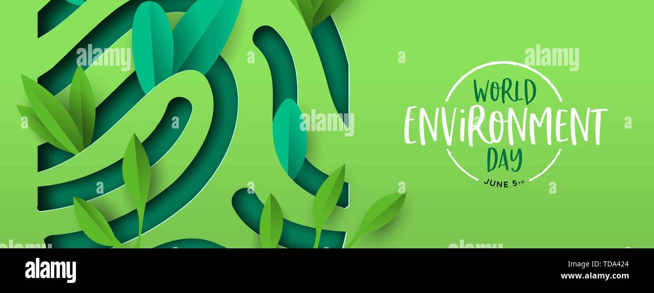 Tag der Umwelt banner Abbildung: papercut menschlichen Finger Print mit Anlage verlässt. Recyclingpapier Ausschnitt für Planet Erhaltung. Stock Vektor