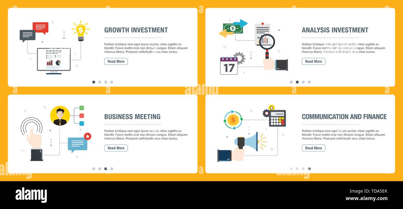 Banner mit Symbolen für Internet auf Websites oder App Vorlagen mit Wachstum der Investitionen, Analyse Investment, Business Meeting, Kommunikation und Finan eingestellt Stock Vektor