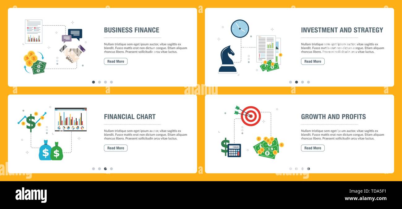 Wirtschaft Finanzen, Investitionen und Strategy, Financial chart, Wachstum und Gewinn. Internet Website Banner Konzept mit Icon Set. Flache design vector Illu Stock Vektor