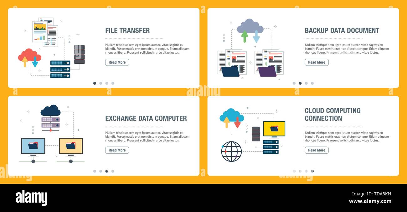 Vektor einrichten der vertikalen Web Banner mit File Transfer, backup daten Dokument, exchange data Computer und Cloud Computing. Vektor banner Vorlage für Web Stock Vektor