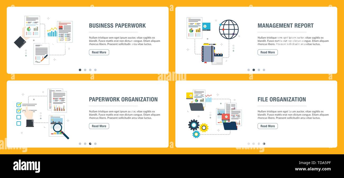 Der Vektor der vertikalen Web Banner mit Business Schreibarbeit, Lagebericht, Schreibarbeit Organisation, Datei Organisation. Vektor banner Vorlage für w Stock Vektor