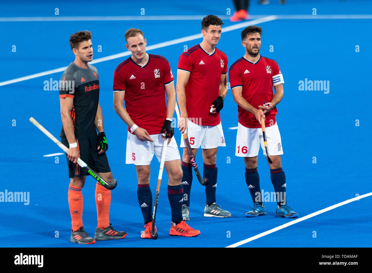 LONDON, VEREINIGTES KÖNIGREICH. 14 Jun, 2019. Während FIH-Pro League Match: Großbritannien vs Niederlande bei Lea Valley Hockey und Tennis Center am Freitag, 14. Juni 2019 in London, England. Credit: Taka G Wu/Alamy leben Nachrichten Stockfoto