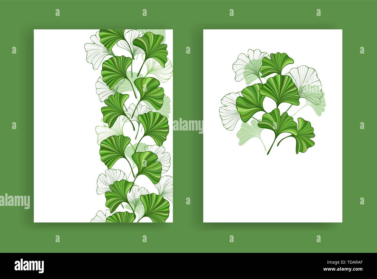 Design für Broschüre mit Grün, stilisierte, Ginkgo biloba Leaf auf weißem Hintergrund. Vector Illustration Vorlage im Format A4. Stock Vektor