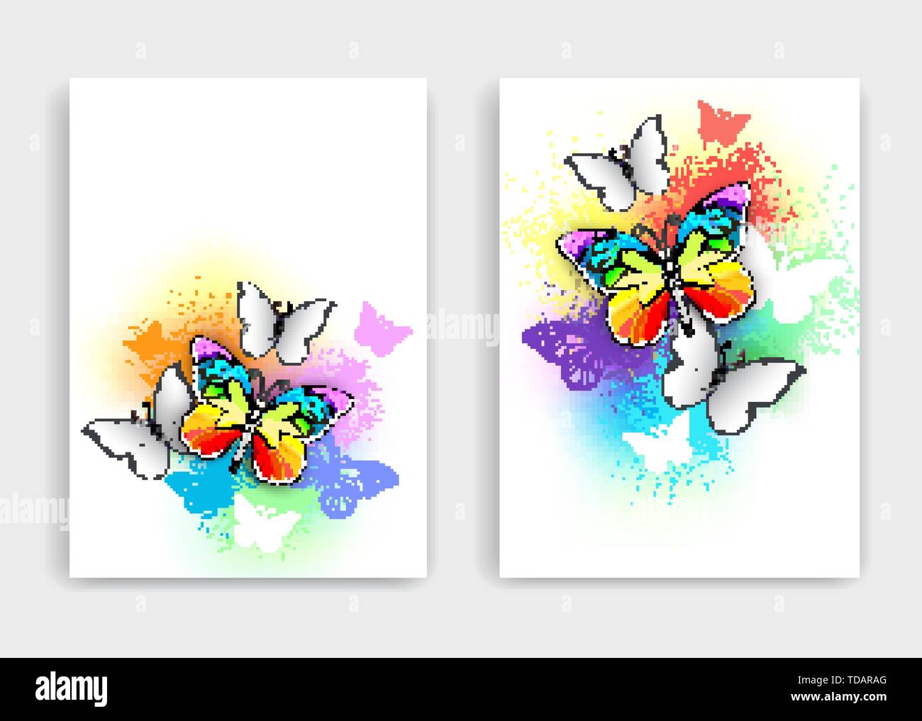 Design für die Broschüre von realistischen Regenbogen und weiße Schmetterlinge auf Licht changierenden Hintergrund, spritzt mit farbigen Tropfen Farbe. Stock Vektor