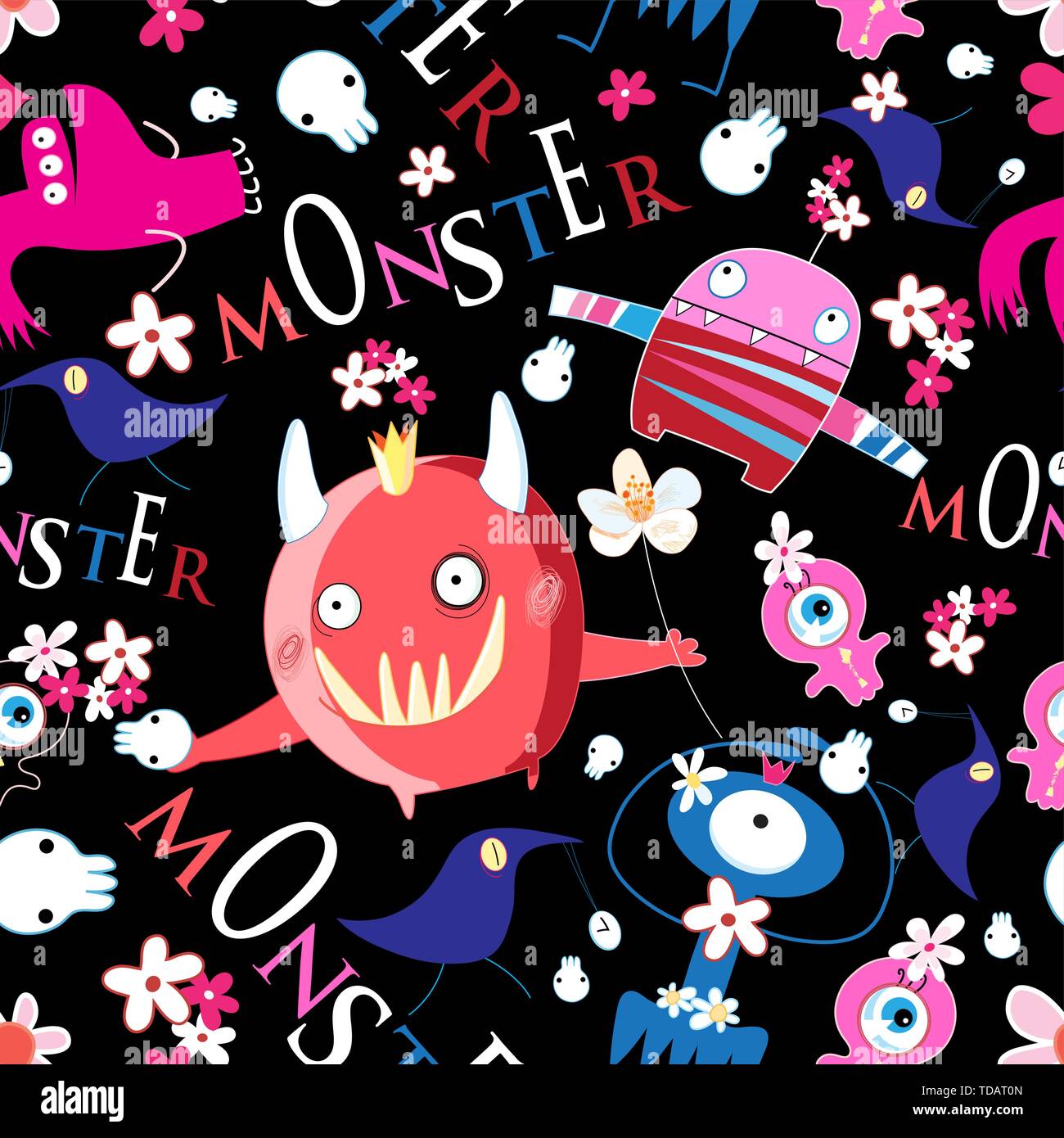 Nahtlose helle Lustige Halloween Muster von Monster auf einem dunklen Hintergrund mit Schädel Stock Vektor