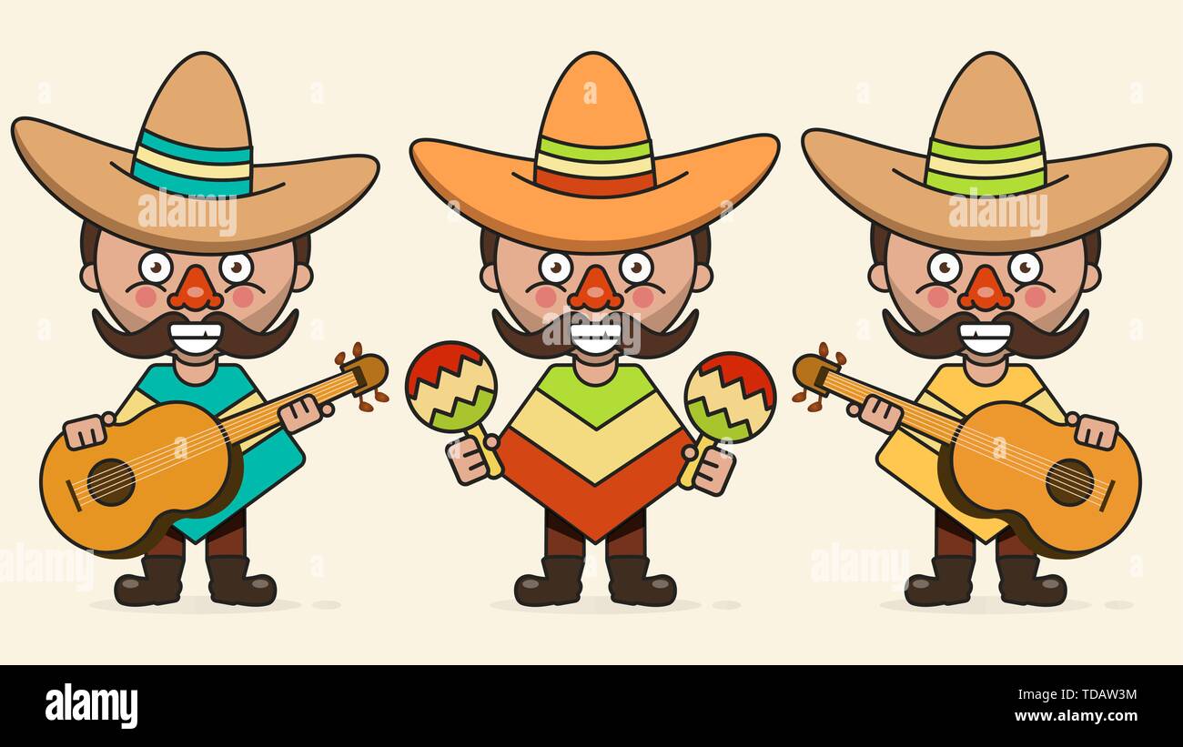 Mexikanischen Musikern Vector Illustration mit drei Männer mit Gitarren im nativen Kleidung und Sombrero flache Vector Illustration Stock Vektor