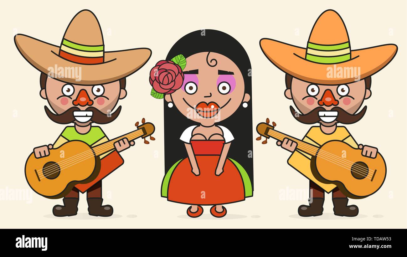 Mexikanischen Musikern Vector Illustration mit zwei Männer und eine Frau mit Gitarren im nativen Kleidung und Sombrero flache Vector Illustration Stock Vektor