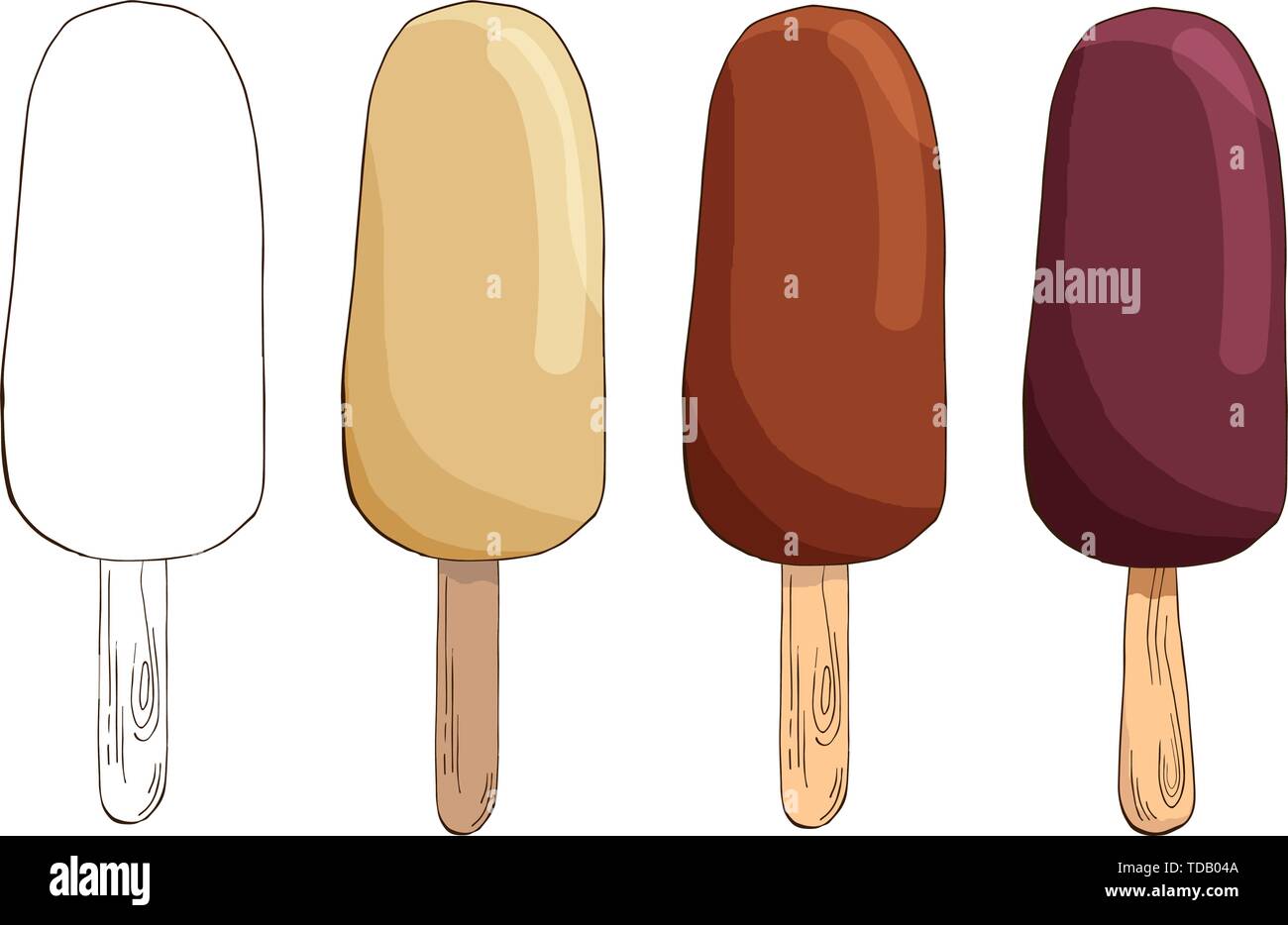 Der Vektor Hand gezeichnet Eis. Eskimo Pie auf weißem Hintergrund. Farbige und Kontur Skizze Bilder. Sommer lineare Design. Packung mit Stock Vektor