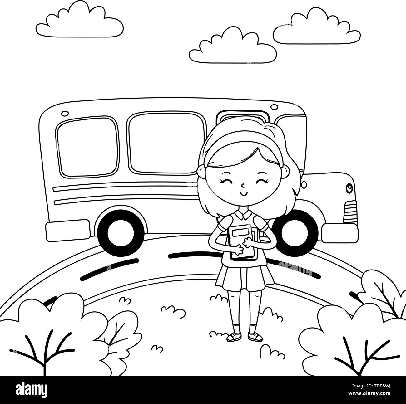 School Bus und Mädchen cartoon Design, Bildung Lernen im Klassenzimmer und Informationen Thema Vector Illustration Studie Stock Vektor