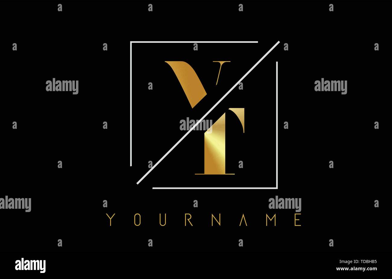 VT-goldenen Buchstaben Logo mit geschnittenen und Schnitt Design und quadratischen Rahmen Vector Illustration Stock Vektor