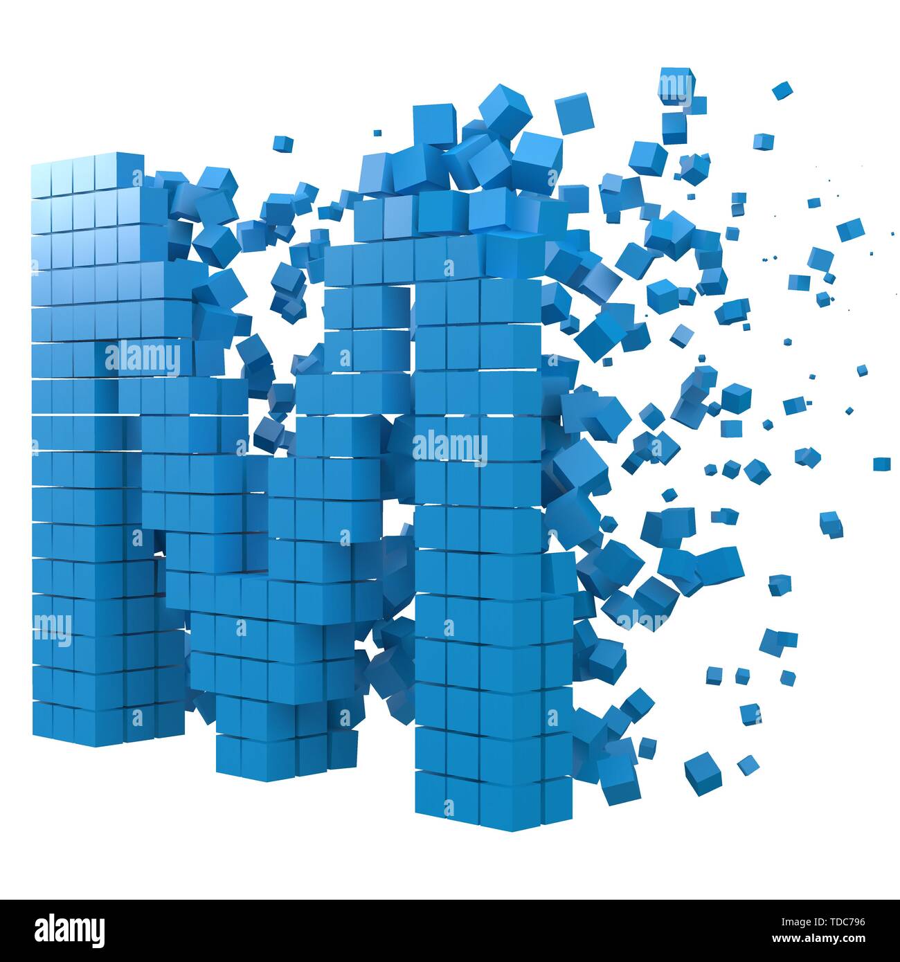 Buchstabe M geformte Datenbaustein. Version mit blauen Würfel. 3D-Pixel style Vector Illustration. für blockchain, Technik, Computer und abstrakte th geeignet Stock Vektor