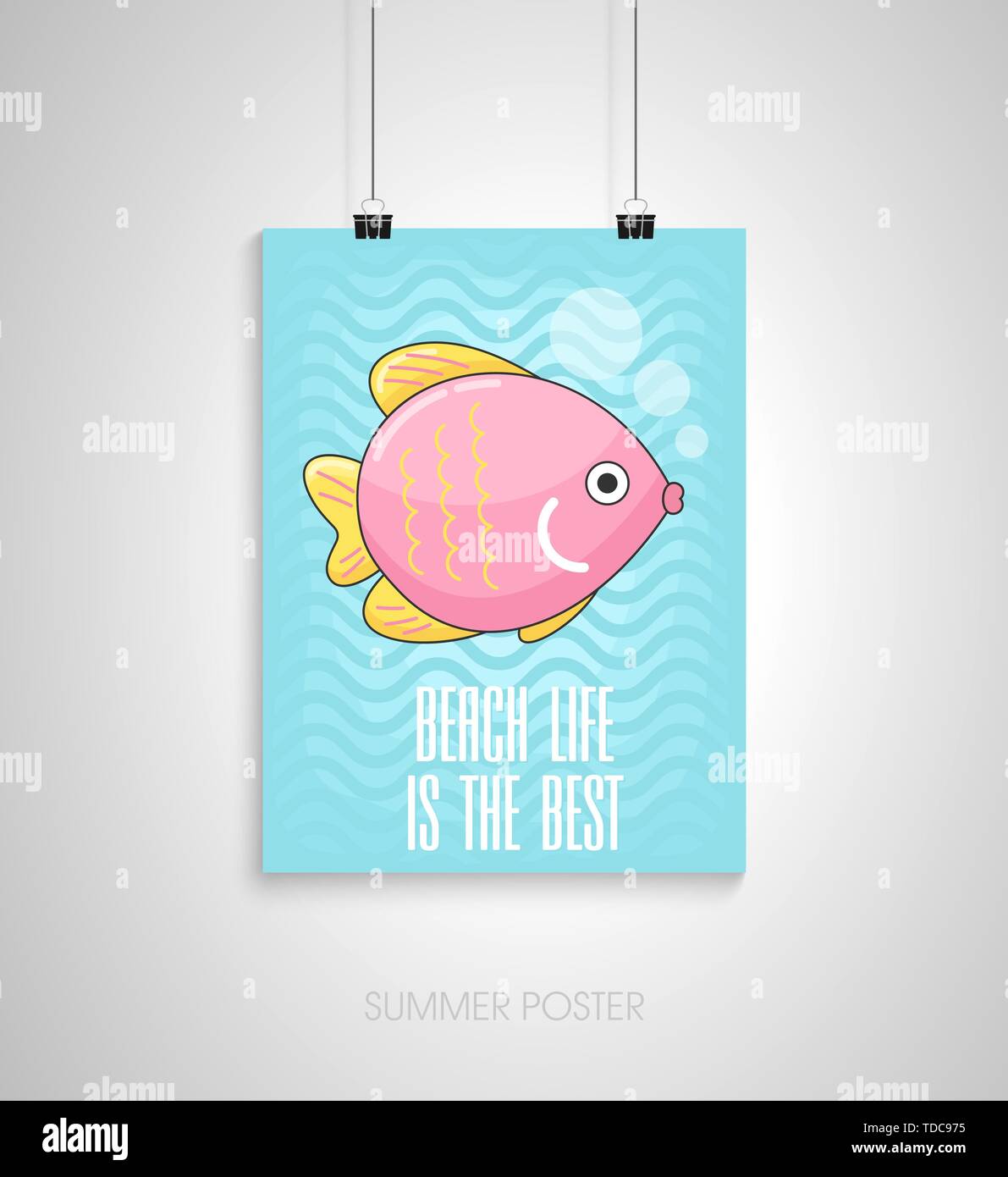 Sommer flyer Karte mit rosa Fisch. Leben am Strand ist das Beste. Journal Karten. Vektorgrafiken für T-Shirts, Postern. Urlaub, Reise, Urlaub. Stock Vektor