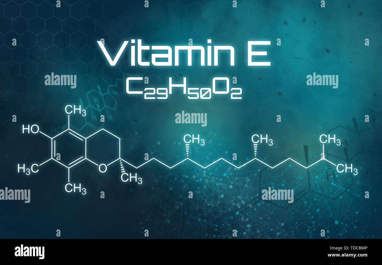 Die chemische Formel von Vitamin E auf einem futuristischen Hintergrund Stockfoto