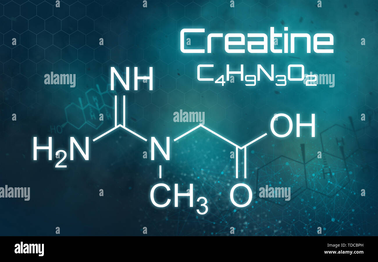 Die chemische Formel von Kreatin auf einem futuristischen Hintergrund Stockfoto