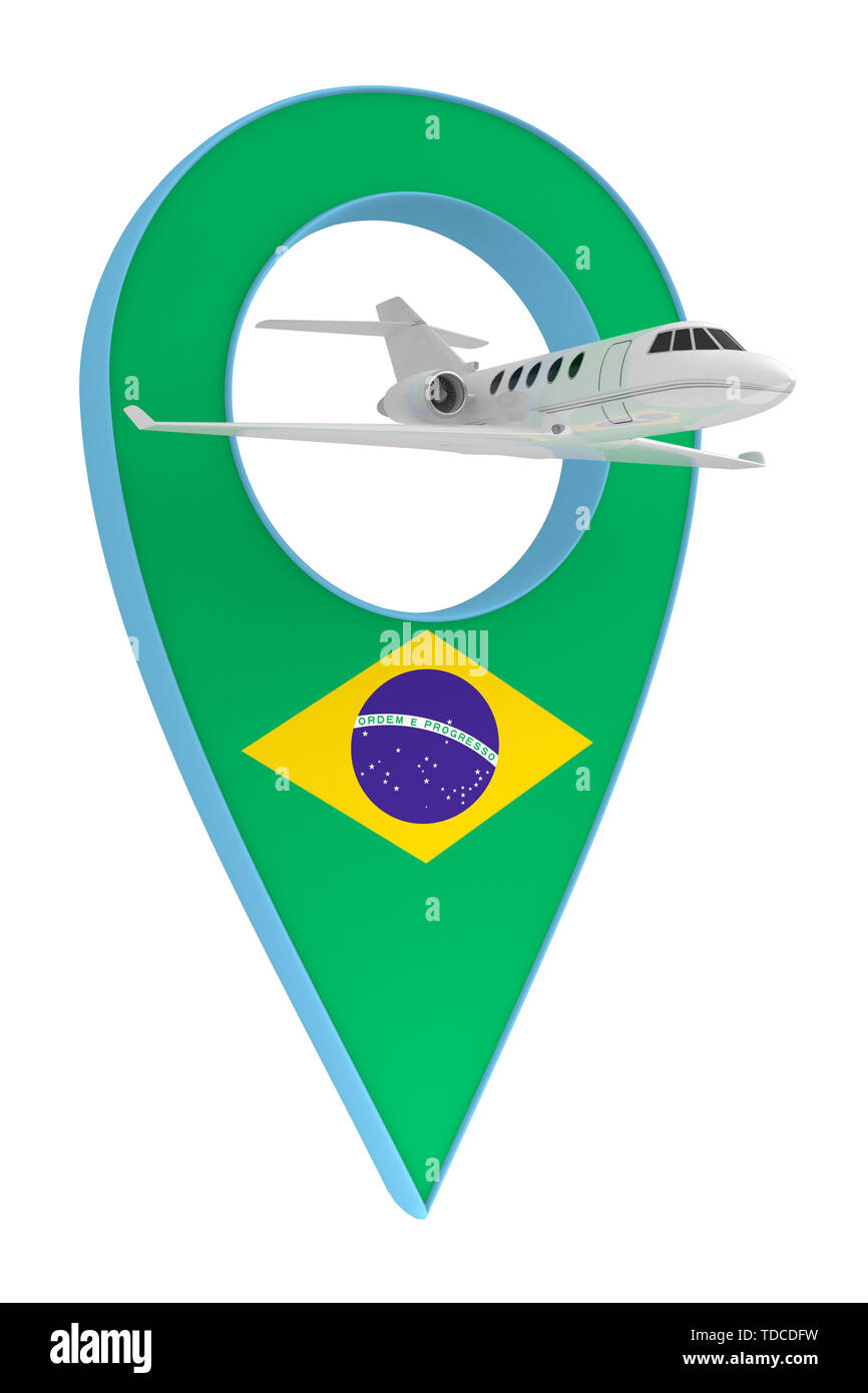 Eigenes Flugzeug mit Pin navigation Flagge Brasilien. 3D-Rendering Stockfoto