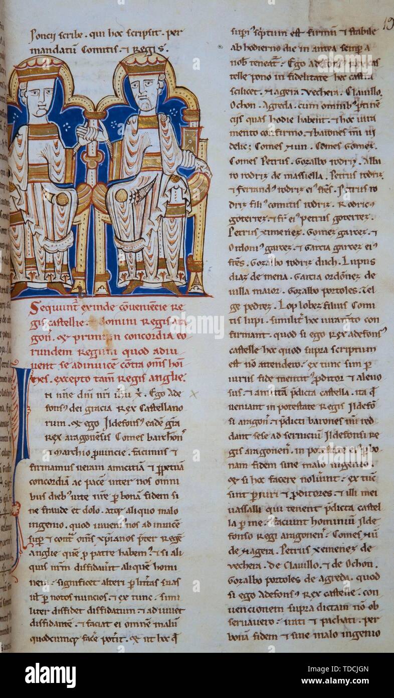 Alfonso el Casto y Alfonso VIII de Castilla, miniatura De'Liber feudorum Maior", cartulario escrito por Ramón de Caldes, siglo XII. Museum: Arxiu de la Corona d'Aragó, Barcelona. Stockfoto