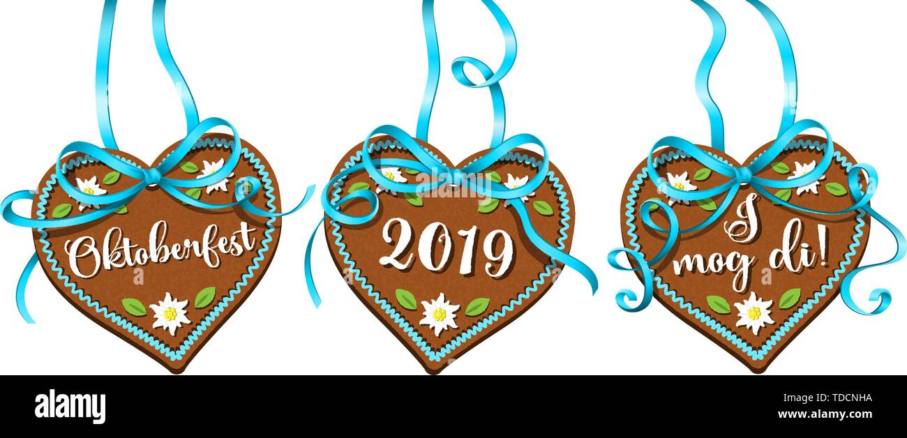 Oktoberfest 2019 Lebkuchenherzen hängen mit Ribbon isoliert (German Festival) Stock Vektor