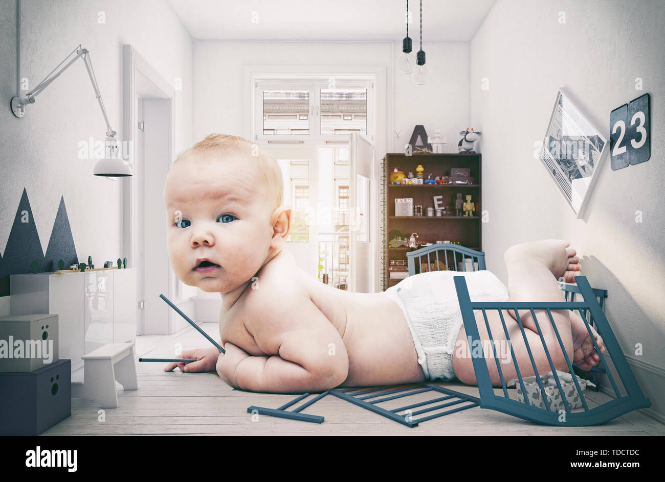 Riesen Baby im Kinderzimmer. 3D-Rendering kreative Idee Stockfoto