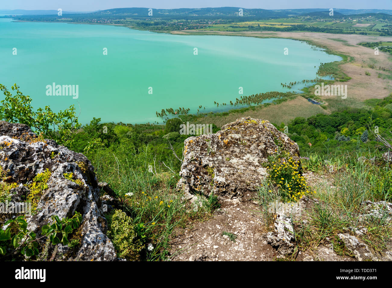 Arial Panoramablick auf den Balaton von Tihany. Stockfoto
