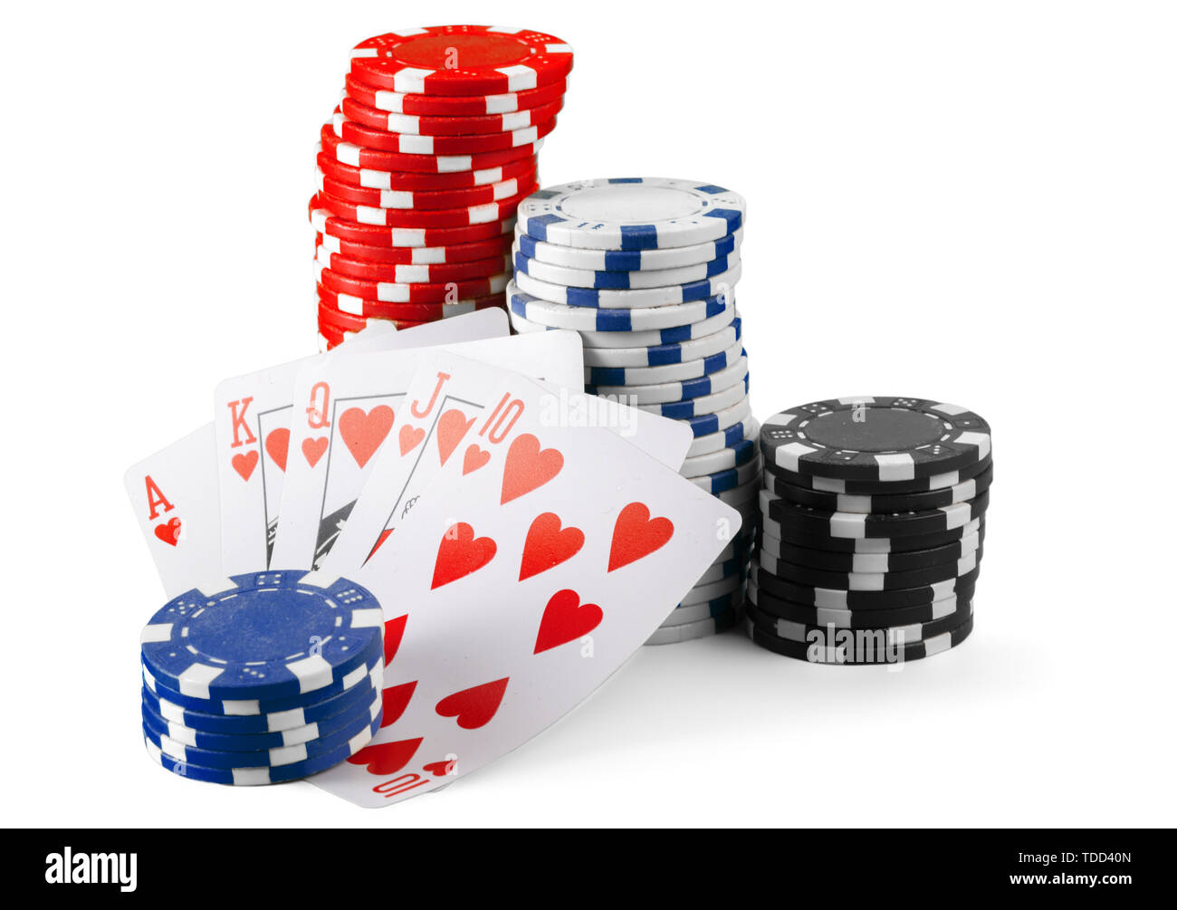 Casino-Chips, die isoliert auf weißem Hintergrund Stockfoto