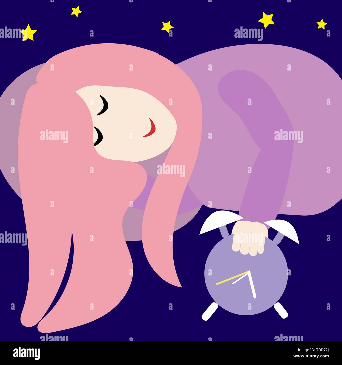 Schlafende Frau mit Wecker in der Hand Stock Vektor