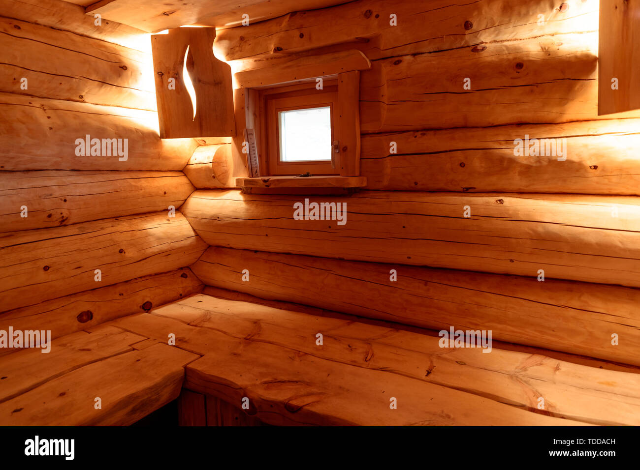 Russische Holz- Sauna Dampfbad Innenansicht Stockfoto